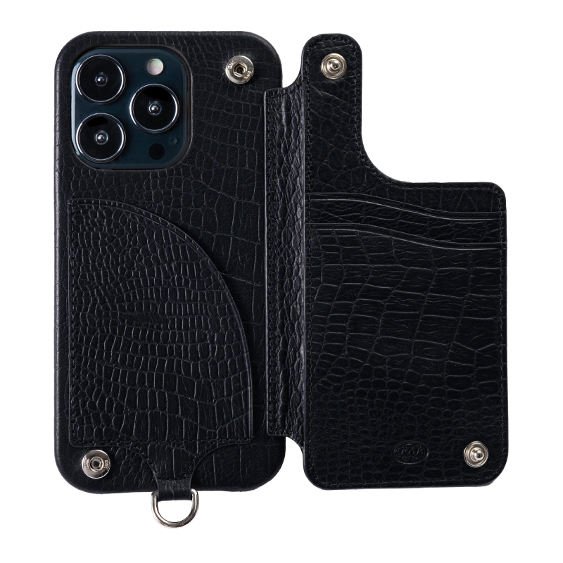 デミウ POCHE FLAT iPhone ケース+クロコ型ストラップ ブラック POCHE FLAT CROCO iPhone14Pro